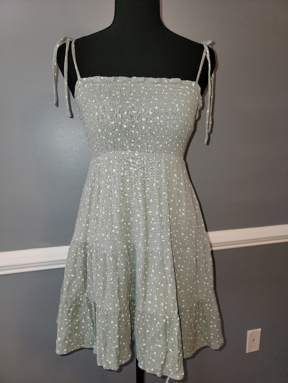 Abercrombie & Fitch Sage Green Smocked Mini Dress with White Dot Print